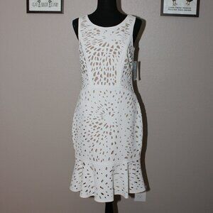 Nue by Shani Womens Laser Cut out White Nude Lining Flounce Hem Party Dress Sz 4